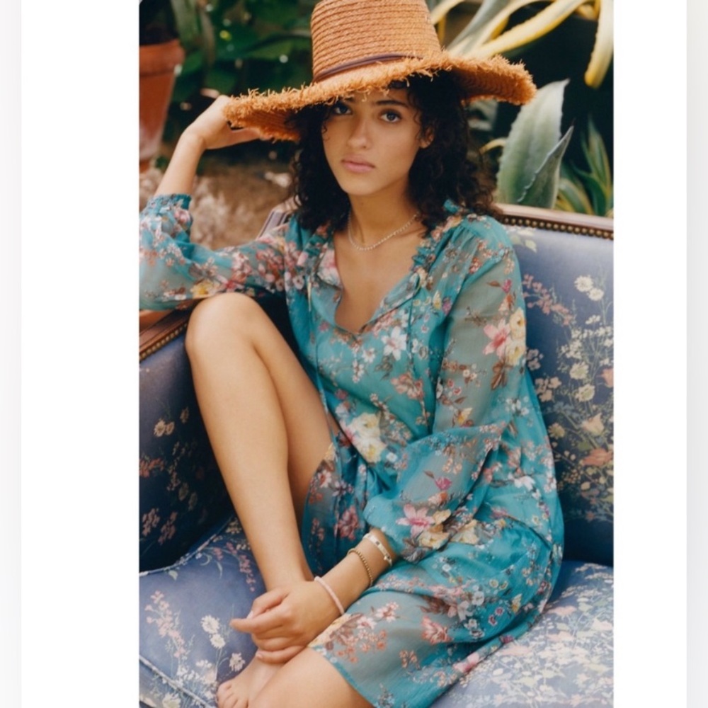 Anthropologie Maeve Small Emmy Teal Floral Tunic Long Sleeve Chiffon Sheer Dress
